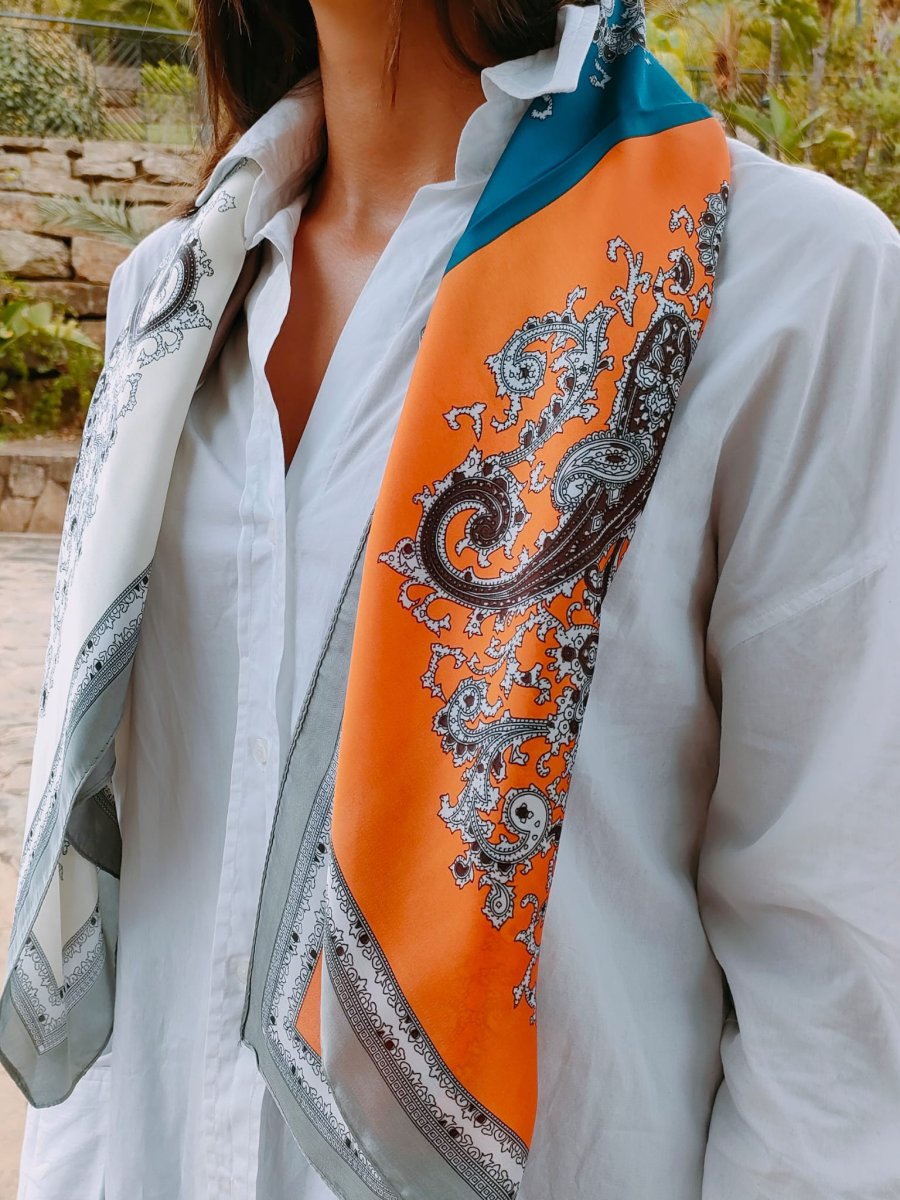 Pañuelo Seda Turquesa/Beige/Naranja